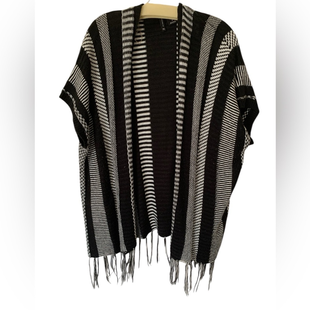 New Directions Cardigan Sweater Vest Women S Black White Fringe Open Knit Stripe